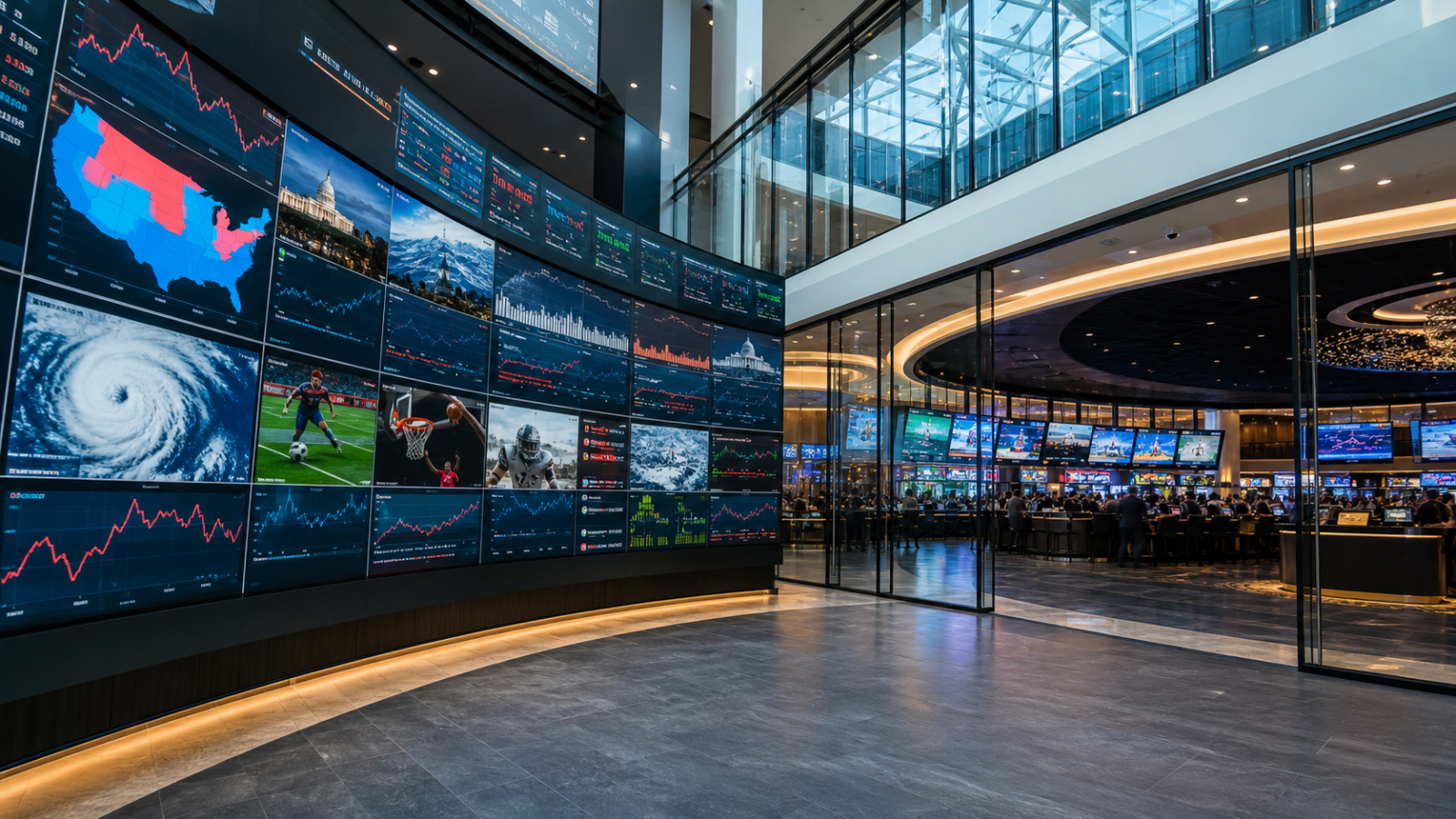 Prediction market event boards beside a regulated gaming venue